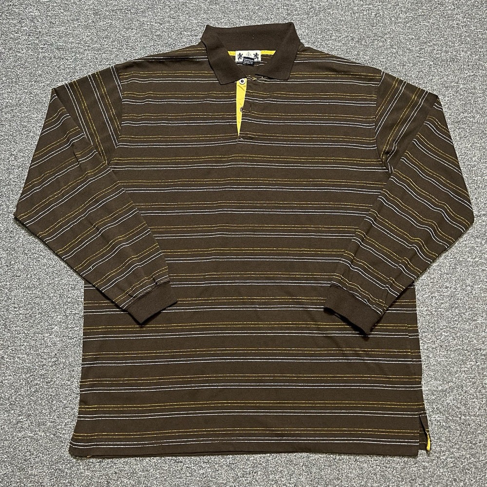 PJ Mark Y2K Brown Gold Silver Stripe Long‎ Sleeve Polo Shirt Size XL